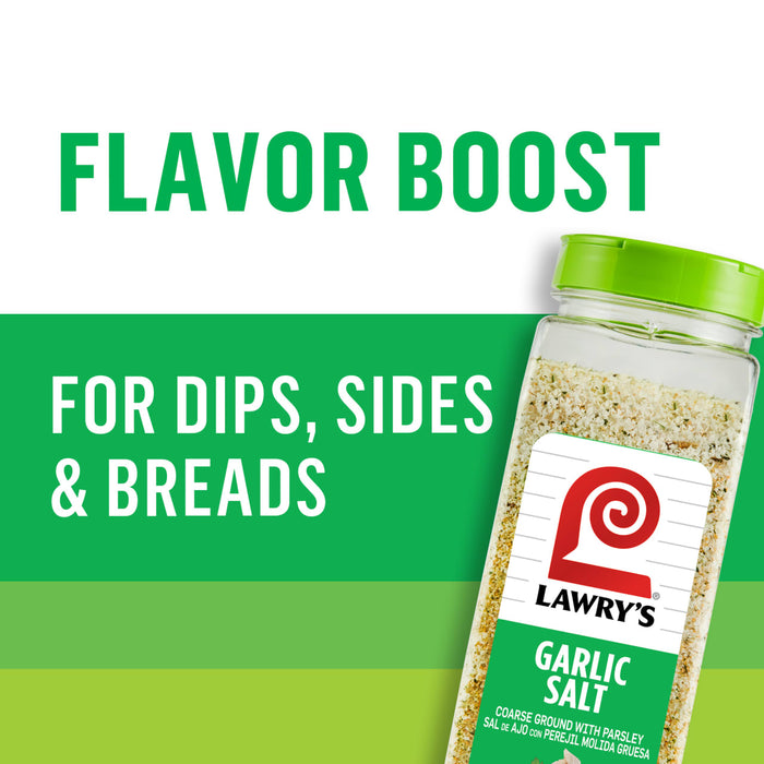 ['A container of Lawry\'s Garlic Salt with the text Flavor Boost for Dips, Sides &amp; Breads above it.']