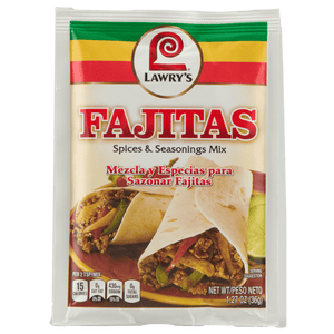 ["A Lawry's Fajitas seasoning packet with a serving suggestion of fajitas on the front."]