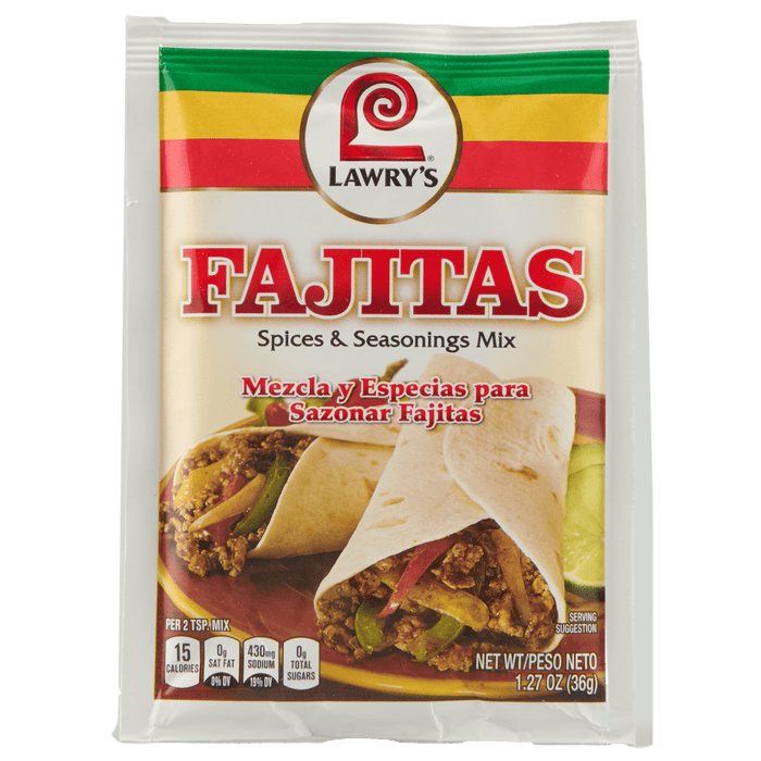 ["A Lawry's Fajitas seasoning packet with a serving suggestion of fajitas on the front."]