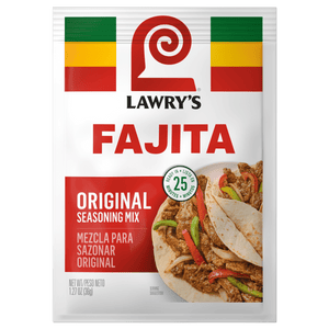 A Lawry's Fajitas seasoning packet with a serving suggestion of fajitas on the front.