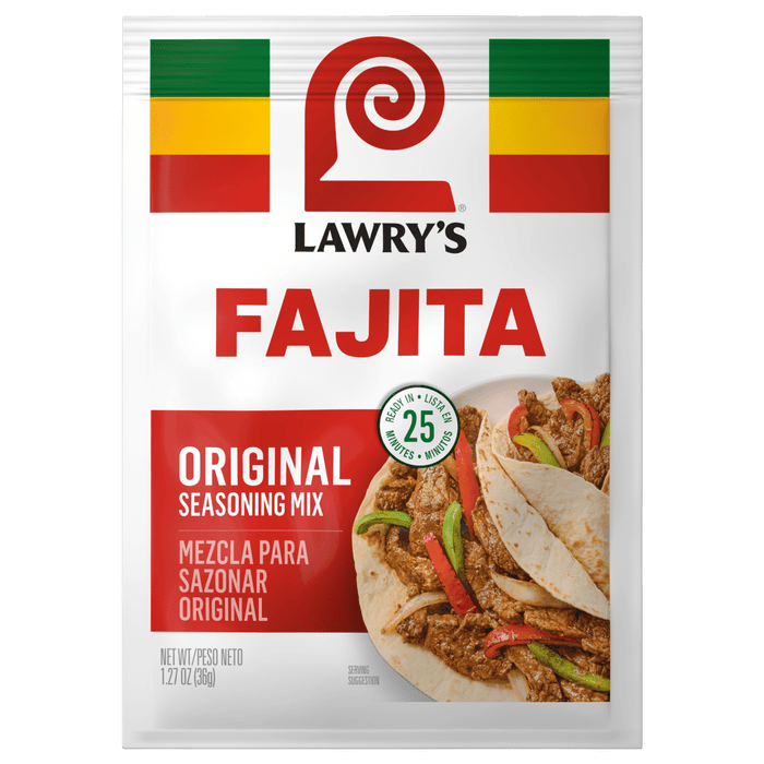 A Lawry's Fajitas seasoning packet with a serving suggestion of fajitas on the front.
