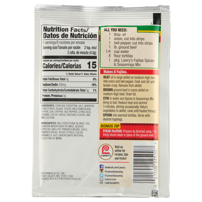["Lawry's Fajitas Spices &amp; Seasonings Mix package with nutrition information and instructions for preparing fajitas."]