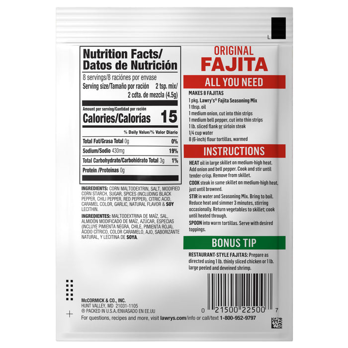 Lawry's Fajitas Spices &amp; Seasonings Mix package with nutrition information and instructions for preparing fajitas.