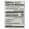 ['Nutrition facts label for a product with 15 calories per serving.']