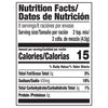 Nutrition facts label for a product with 15 calories per serving.