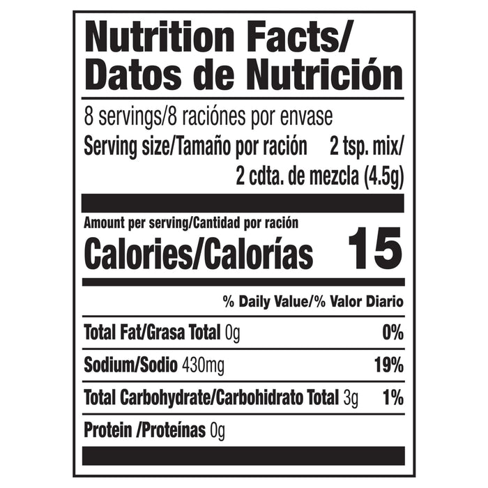 Nutrition facts label for a product with 15 calories per serving.