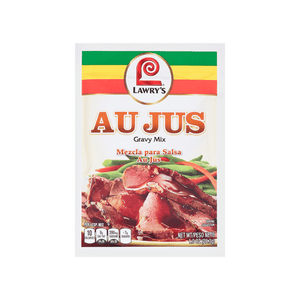 A packet of Lawry's Au Jus Gravy Mix is displayed, featuring a serving suggestion of sliced beef with gravy and green beans.