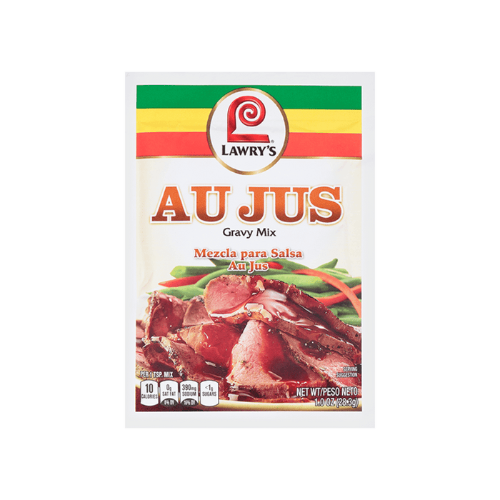 A packet of Lawry's Au Jus Gravy Mix is displayed, featuring a serving suggestion of sliced beef with gravy and green beans.