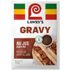 A packet of Lawry's Au Jus Gravy Mix is displayed, featuring a serving suggestion of sliced beef with gravy and green beans.