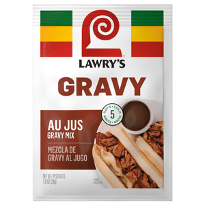 A packet of Lawry's Au Jus Gravy Mix is displayed, featuring a serving suggestion of sliced beef with gravy and green beans.