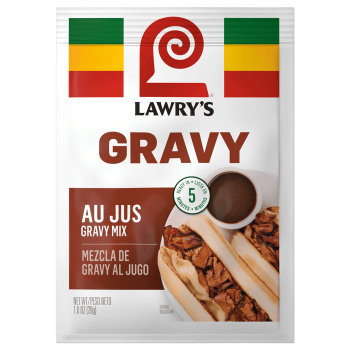 A packet of Lawry's Au Jus Gravy Mix is displayed, featuring a serving suggestion of sliced beef with gravy and green beans.