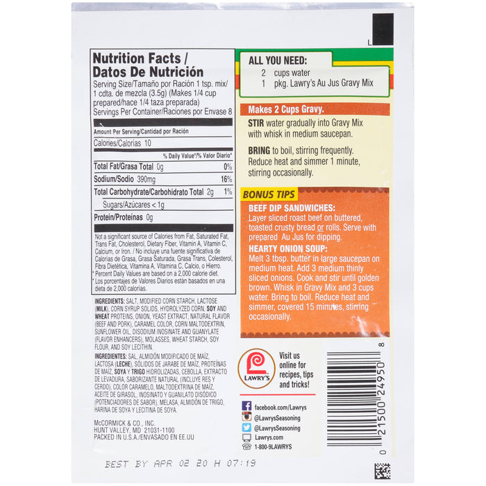["Lawry's Au Jus Gravy Mix package with nutrition facts, ingredients, and bonus tips for using the product."]