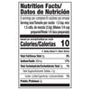 Nutrition facts label showing a serving size of 1.5 tsp mix with 10 calories.