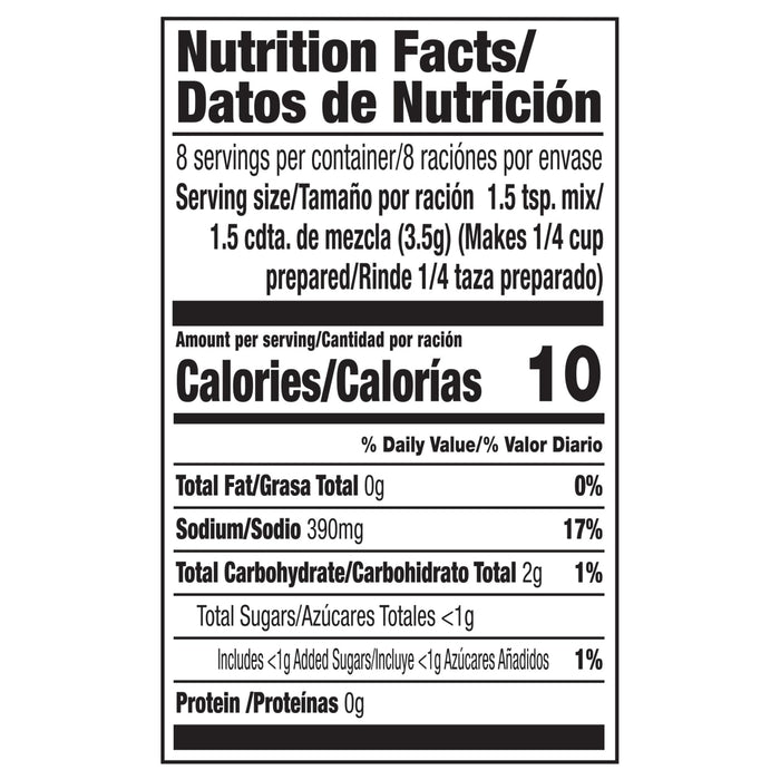 Nutrition facts label showing a serving size of 1.5 tsp mix with 10 calories.
