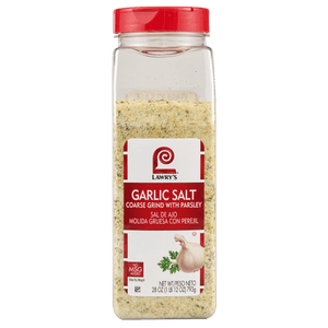 ["A container of Lawry's Garlic Salt, Coarse Grind with Parsley."]