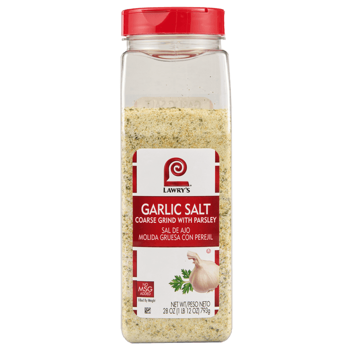 ["A container of Lawry's Garlic Salt, Coarse Grind with Parsley."]