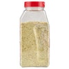 ['A clear plastic bottle with a red lid filled with a yellow and green seasoning.']