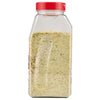 ['A clear plastic jar with a red lid filled with a yellow and green seasoning mix.']