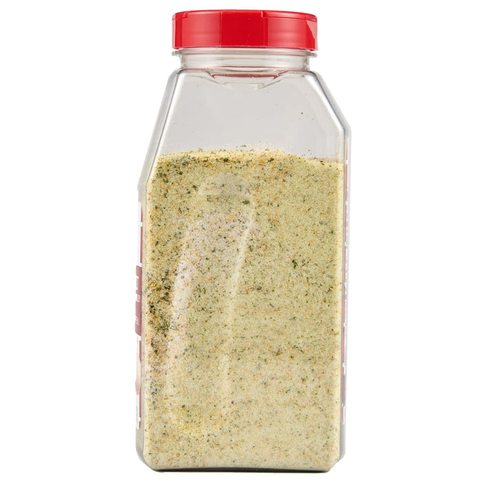 ['A clear plastic jar with a red lid filled with a yellow and green seasoning mix.']