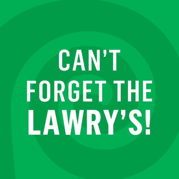 A green graphic with concentric circles and the text CAN'T FORGET THE LAWRY'S! in white.