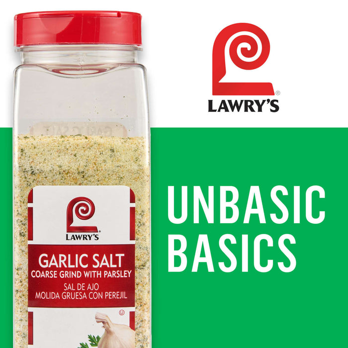 Lawry's Garlic Salt container next to the Lawry's logo and the words Unbasic Basics.