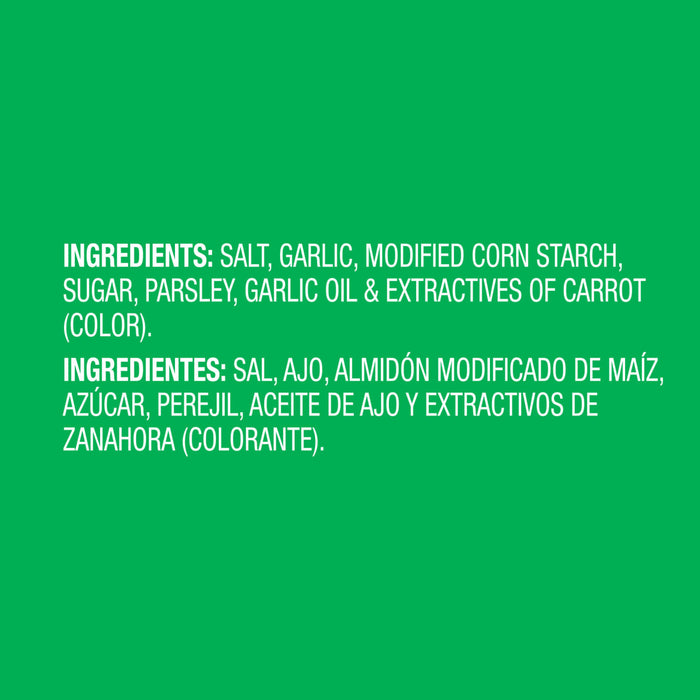 The image shows the ingredient list in both English and Spanish, including salt, garlic, modified cornstarch, sugar, parsley, garlic oil, and carrot extractives.