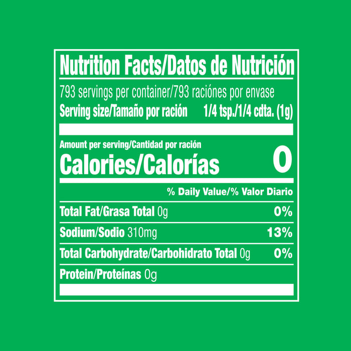 The image shows a nutrition facts label with zero calories per serving.
