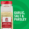 A container of LorAnn's Garlic Salt seasoning blend with garlic, salt, and parsley.