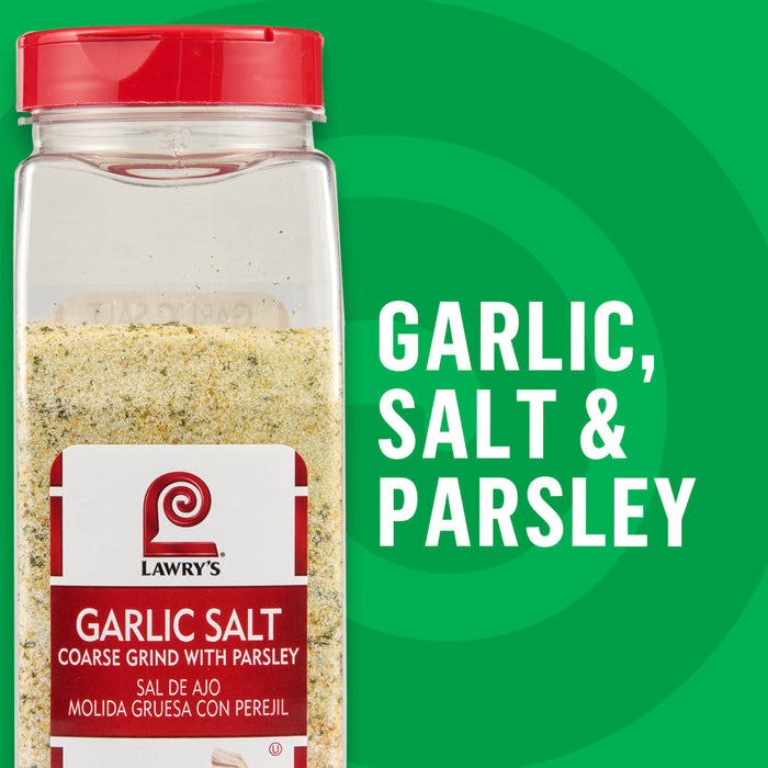 A container of LorAnn's Garlic Salt seasoning blend with garlic, salt, and parsley.