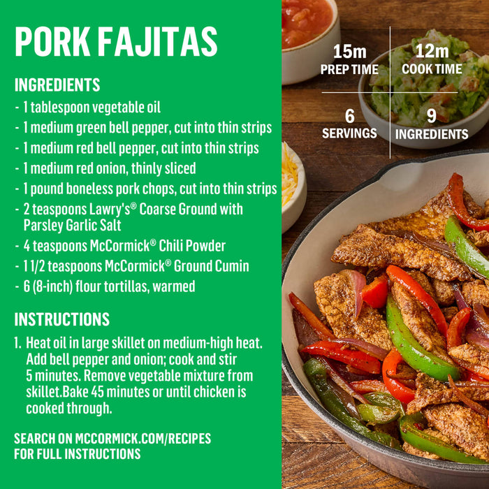 McCormick's Pork Fajitas recipe with ingredients and instructions for preparation.