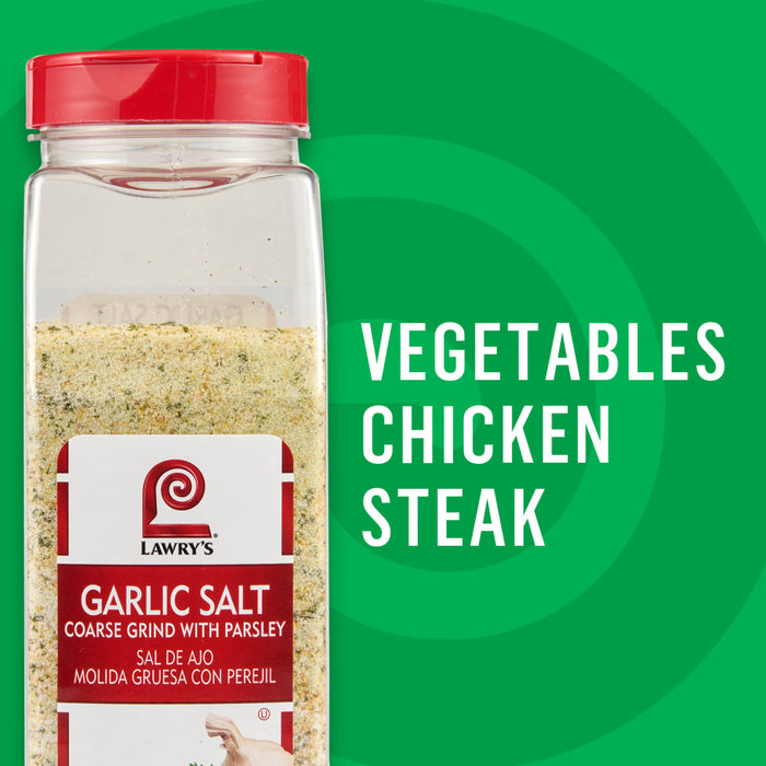 A container of Lawry's Garlic Salt seasoning, suggested for use on vegetables, chicken, and steak.
