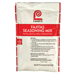 ["Lawry's Fajitas Seasoning Mix package with directions on how to use the seasoning."]