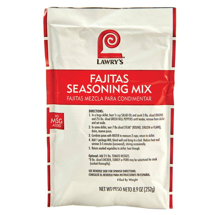 ["Lawry's Fajitas Seasoning Mix package with directions on how to use the seasoning."]
