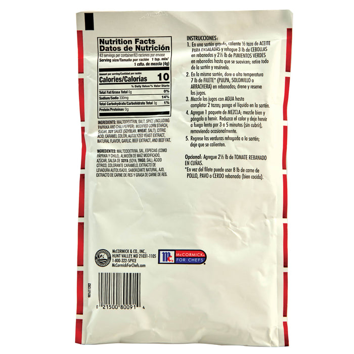 ['McCormick for Chefs seasoning packet with nutrition facts and instructions for use.']