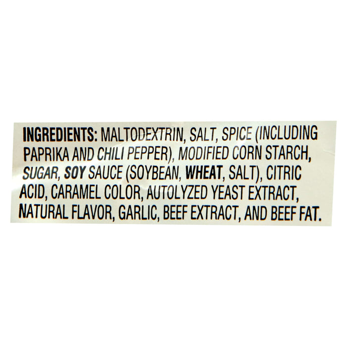 ['A list of ingredients for a product, including maltodextrin, salt, spice, paprika, chili pepper, modified corn starch, sugar, soy sauce, wheat, salt, citric acid, caramel color, autolyzed yeast extract, natural flavor, garlic, beef extract, and beef fat.']