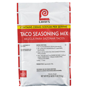 ["Lawry's Taco Seasoning Mix package with instructions and nutritional information."]