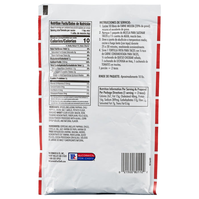 ['McCormick For Chefs Taco Seasoning Mix package with nutrition facts and instructions.']