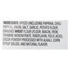 ['A list of ingredients for a product, including spices, onion, salt, garlic, potato flour, enriched wheat flour, cocoa powder, corn syrup solids, and natural flavor.']