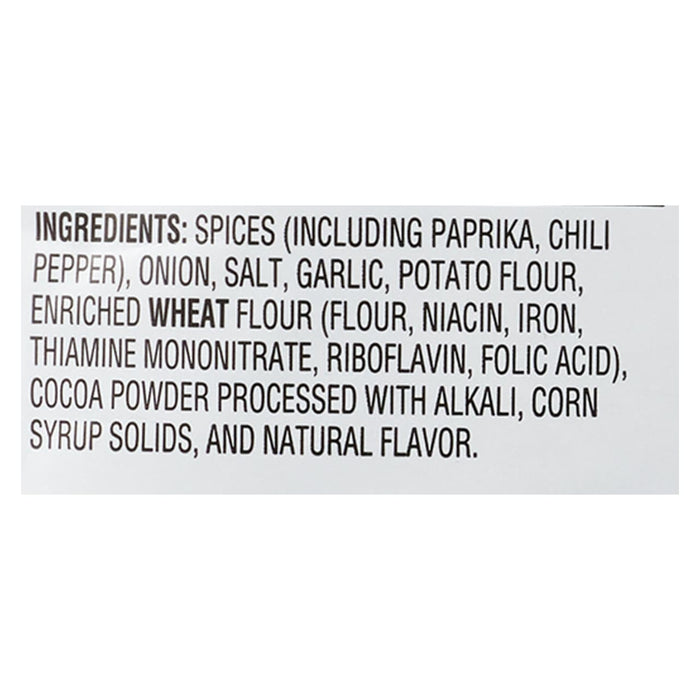 ['A list of ingredients for a product, including spices, onion, salt, garlic, potato flour, enriched wheat flour, cocoa powder, corn syrup solids, and natural flavor.']