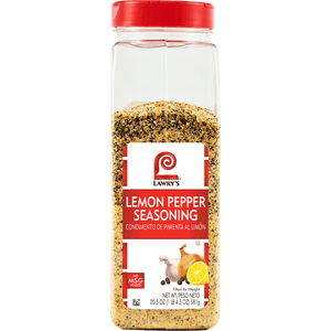 ["A Lawry's Lemon Pepper Seasoning bottle with a red lid."]