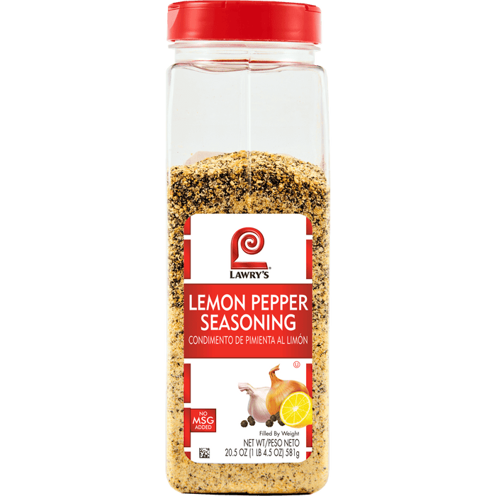 ["A Lawry's Lemon Pepper Seasoning bottle with a red lid."]