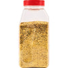 ['A clear plastic jar with a red lid filled with a yellow and brown spice blend.']