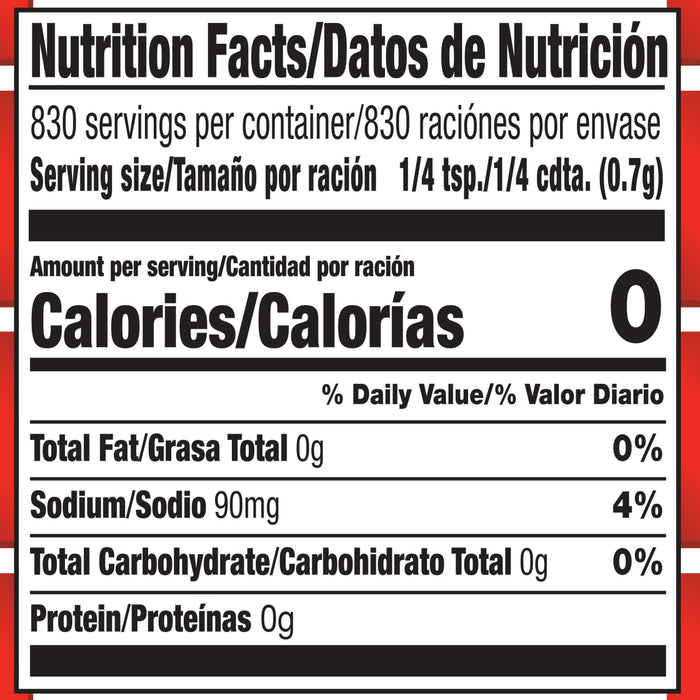 ['Nutrition facts label for a product with 0 calories per serving.']