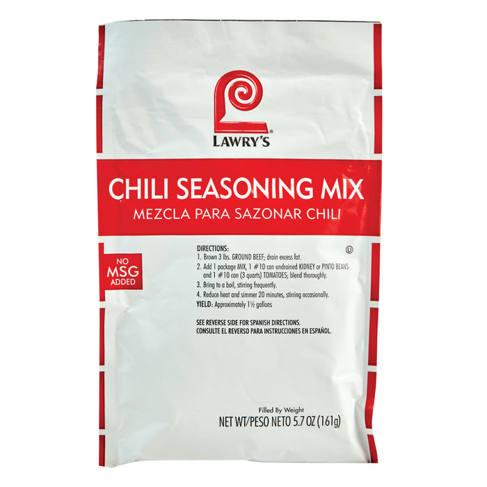 ["Lawry's Chili Seasoning Mix package with directions for use."]