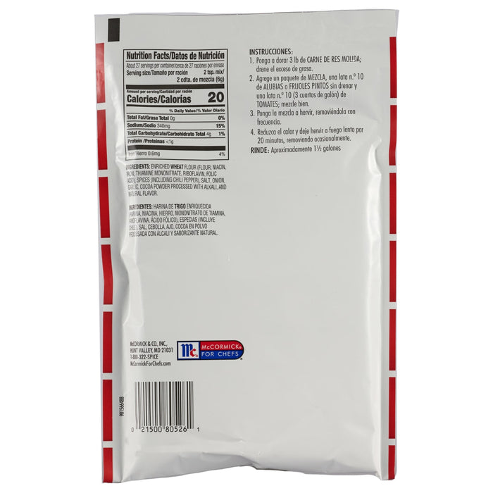 ['McCormick For Chefs Chili Seasoning Mix package with nutrition facts and instructions.']