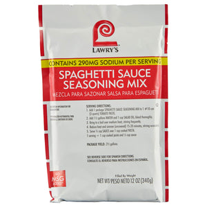 ["Lawry's Spaghetti Sauce Seasoning Mix package with directions and nutrition information."]