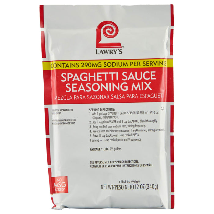 ["Lawry's Spaghetti Sauce Seasoning Mix package with directions and nutrition information."]