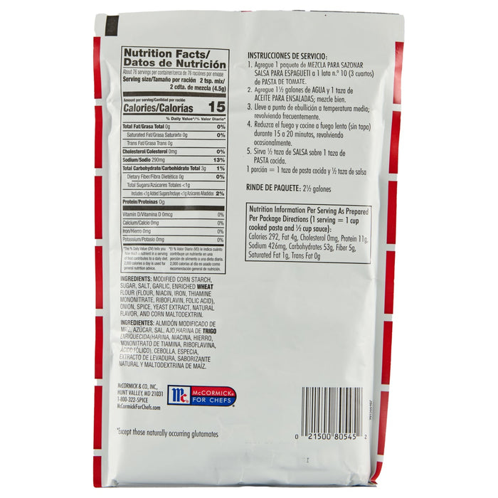 ['McCormick For Chefs Spaghetti Sauce Mix package with nutrition information and instructions.']