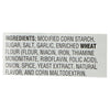 ['A list of ingredients for a product containing modified corn starch, sugar, salt, garlic, enriched wheat flour, onion, spice, yeast extract, natural flavor, and corn maltodextrin.']