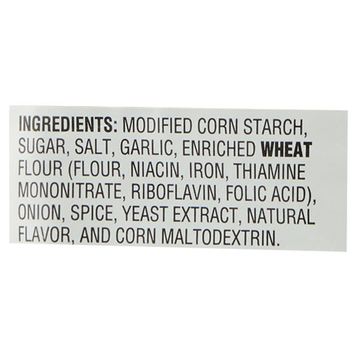 ['A list of ingredients for a product containing modified corn starch, sugar, salt, garlic, enriched wheat flour, onion, spice, yeast extract, natural flavor, and corn maltodextrin.']